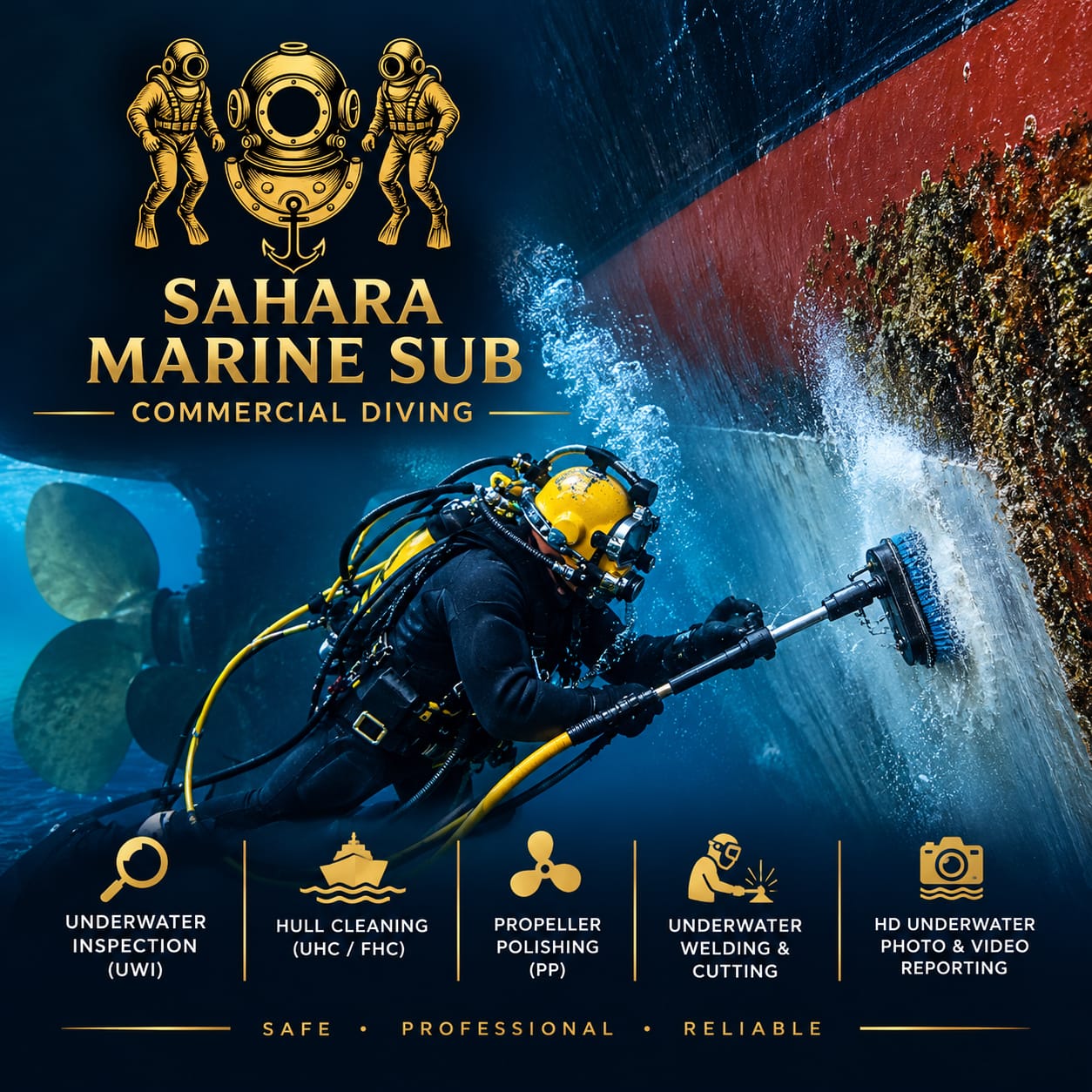 Commercial diver cleaning a ship hull underwater in Morocco